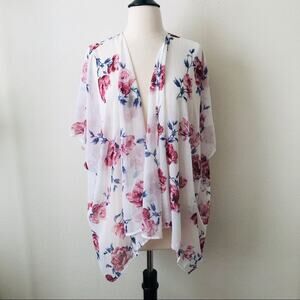 Audrey 3+1 pink blue floral print on white ivory open kimono short sleeve top